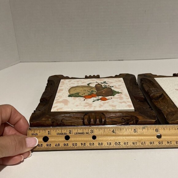 Vintage Dal-Tile Mexico Trivets Set of 2 Hand Carved Wood Frames Kitchen Fruit - Picture 9 of 10